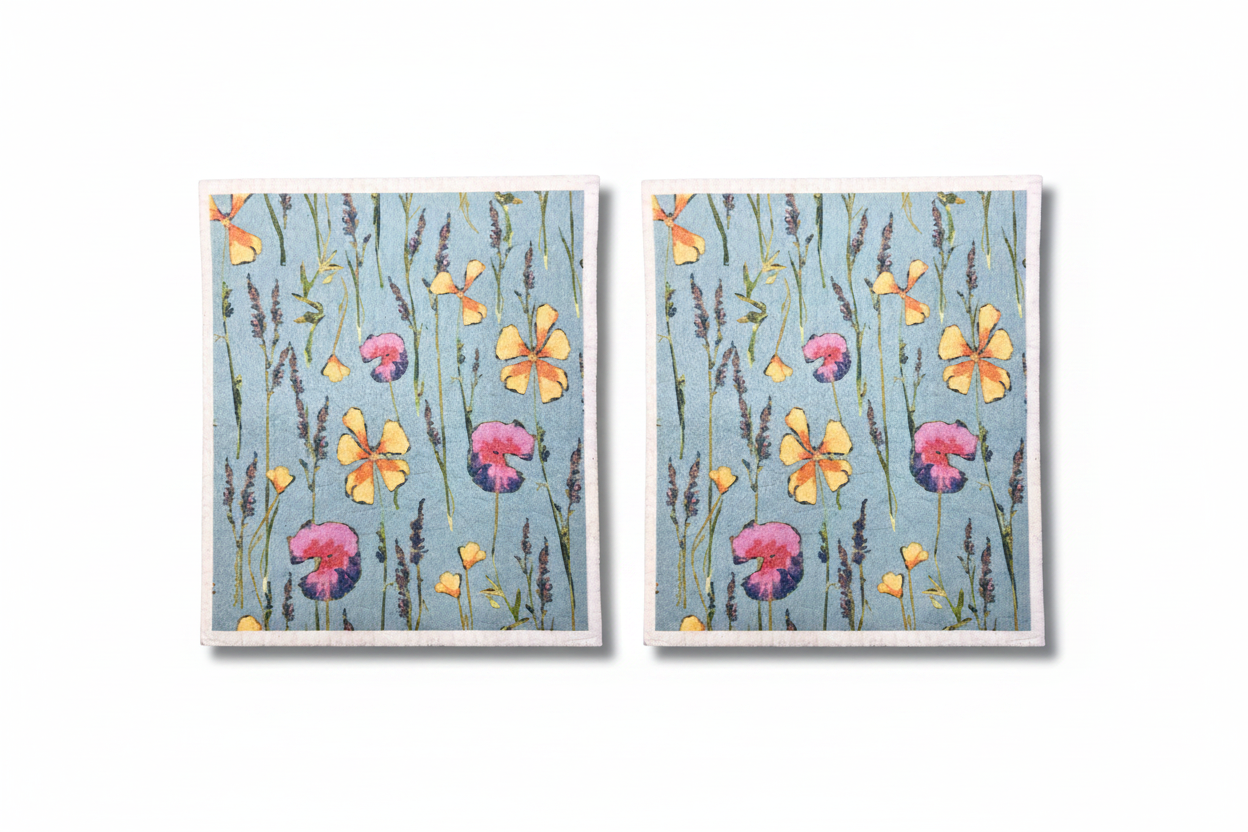Teal Wildflowers Swedish Dishcloth Duo
