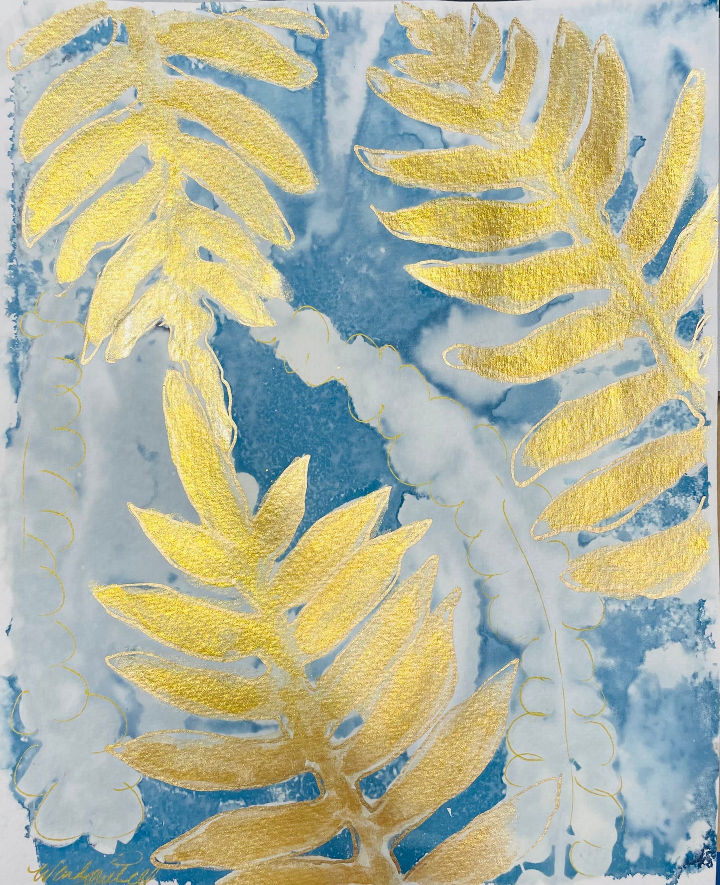 Framed mixed media cyanotype botanical. Wendy Mitchell Art, Salida CO