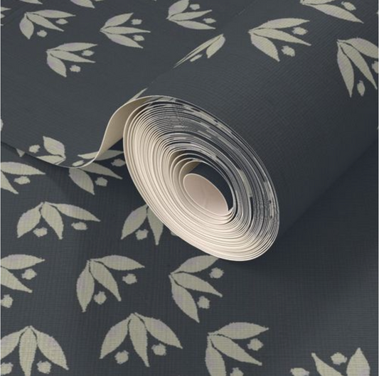 Midnight Windblown Leaves - Grasscloth Wallpaper
