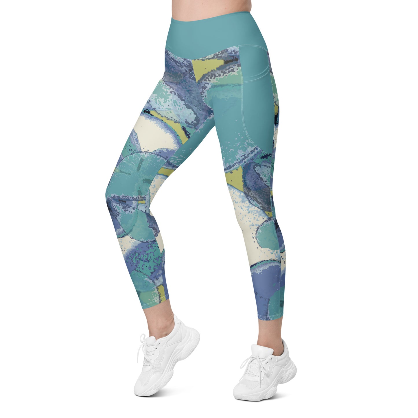 Aqua Hydrangeas Leggings with pockets