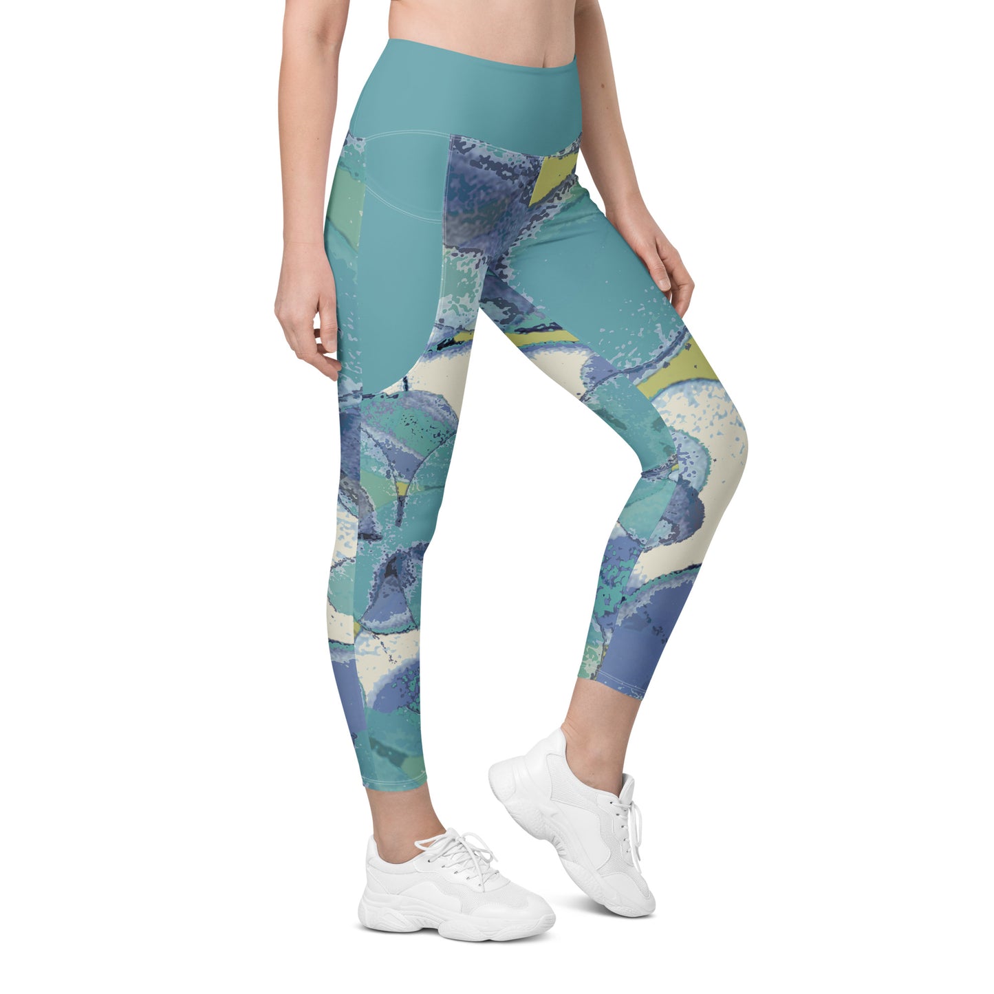 Aqua Hydrangeas Leggings with pockets