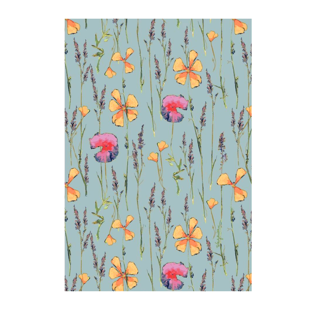 Teal Wildflowers Botanical Flour Sack Tea Towel