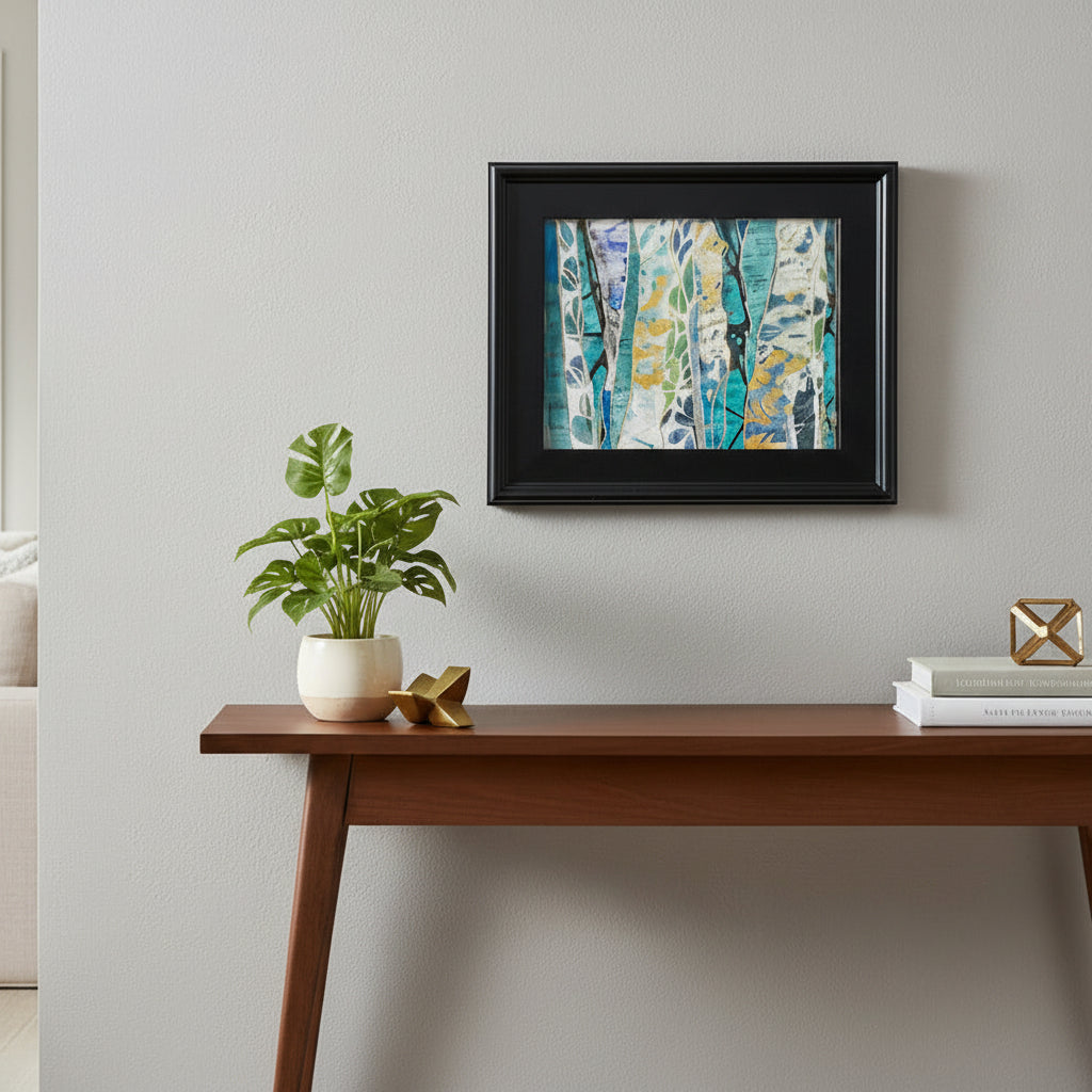 Framed abstract artwork on a wall above a wooden console table with decor items.