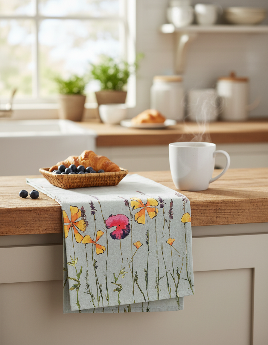 Teal Wildflowers Botanical Flour Sack Tea Towel