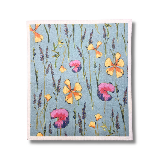 Teal Wildflowers Botanical Swedish Dishcloth