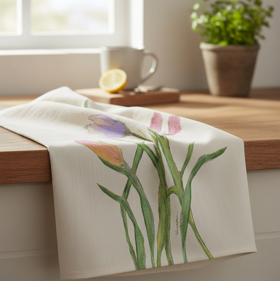 A white kitchen tea towel with a watercolor-style floral print of purple, pink, and peach flowers with green stems, draped over a wooden countertop in a bright kitchen setting.