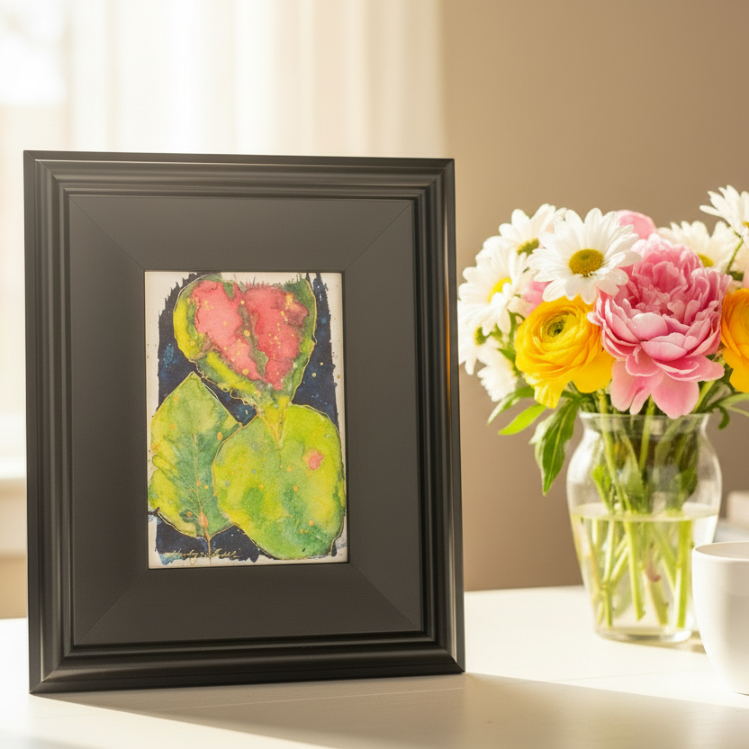 Framed botanical artwork with red, pink and green leaves on a white background