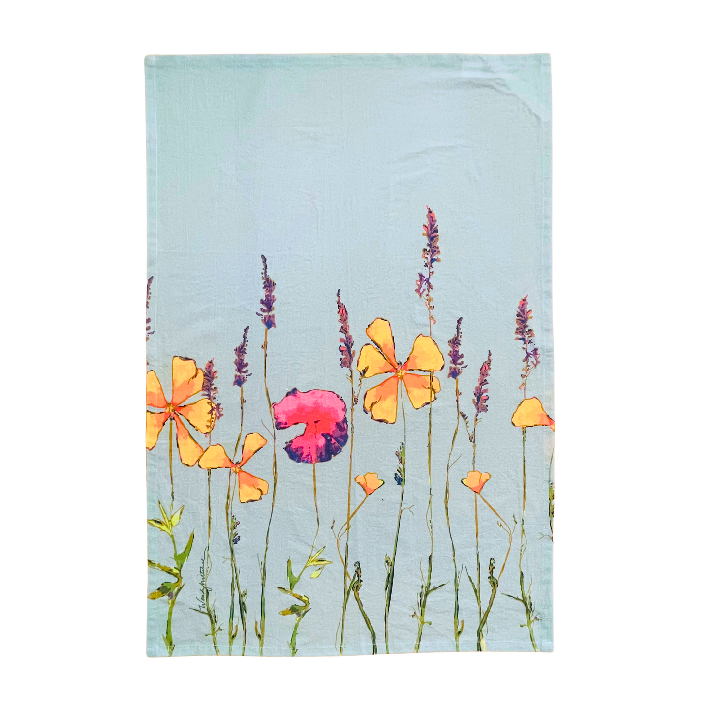 Teal Wildflowers Botanical Flour Sack Tea Towel