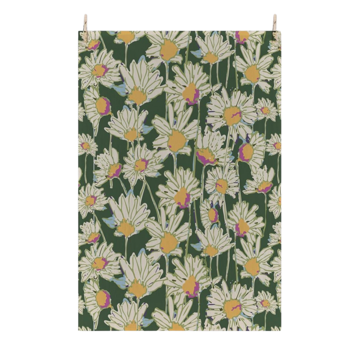 A rectangular flour sack tea towel with a repeating daisy floral pattern on a dark green background, suspended by two small wooden dowels against a plain white wall.