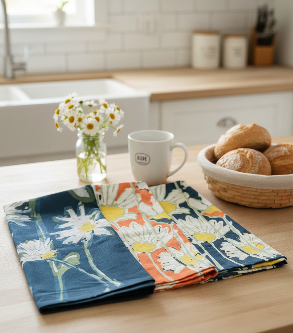 Sunset Orange Meadow Botanical Flour Sack Tea Towel