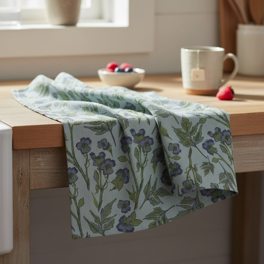 A light blue kitchen towel with a green and purple floral pattern draped over a wooden table in a bright kitchen setting.