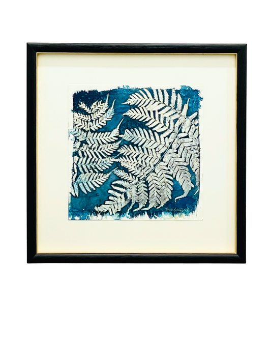 Framed mixed media cyanotype botanical. Wendy Mitchell Art, Salida CO