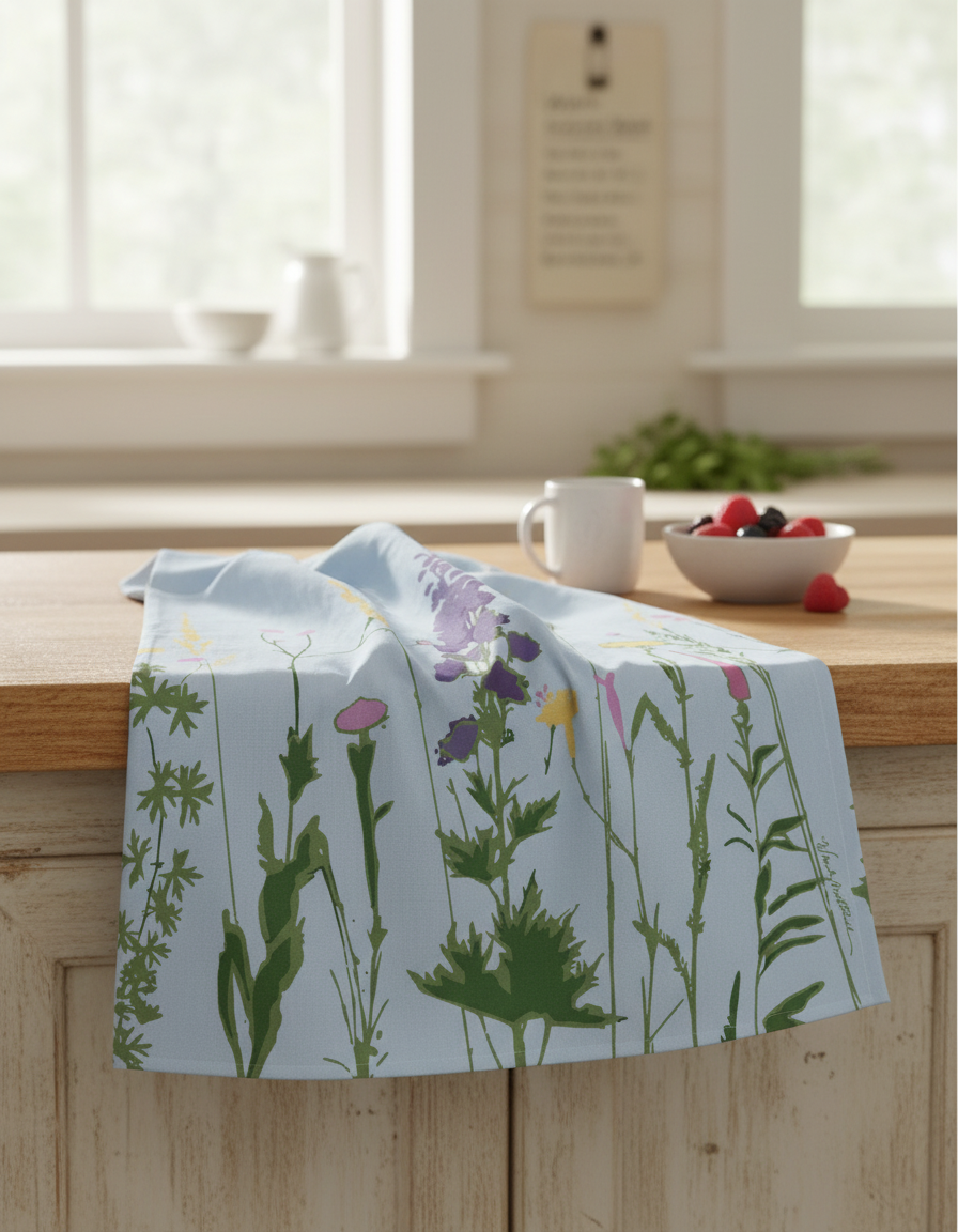 Sky Blue Wildflowers Botanical Flour Sack Tea Towel