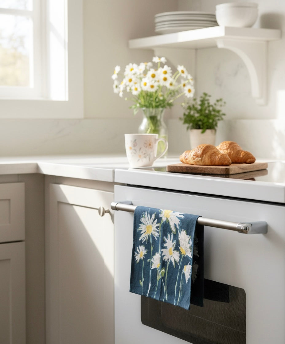 Navy Blue towel with white daisies on a  Flour Sack Tea Towel hanging on an oven door in a kitchen.