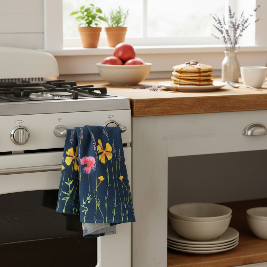 Navy Wildflowers towel hanging on an oven door in a neutral kitchen with fruit and pancakes on the counter