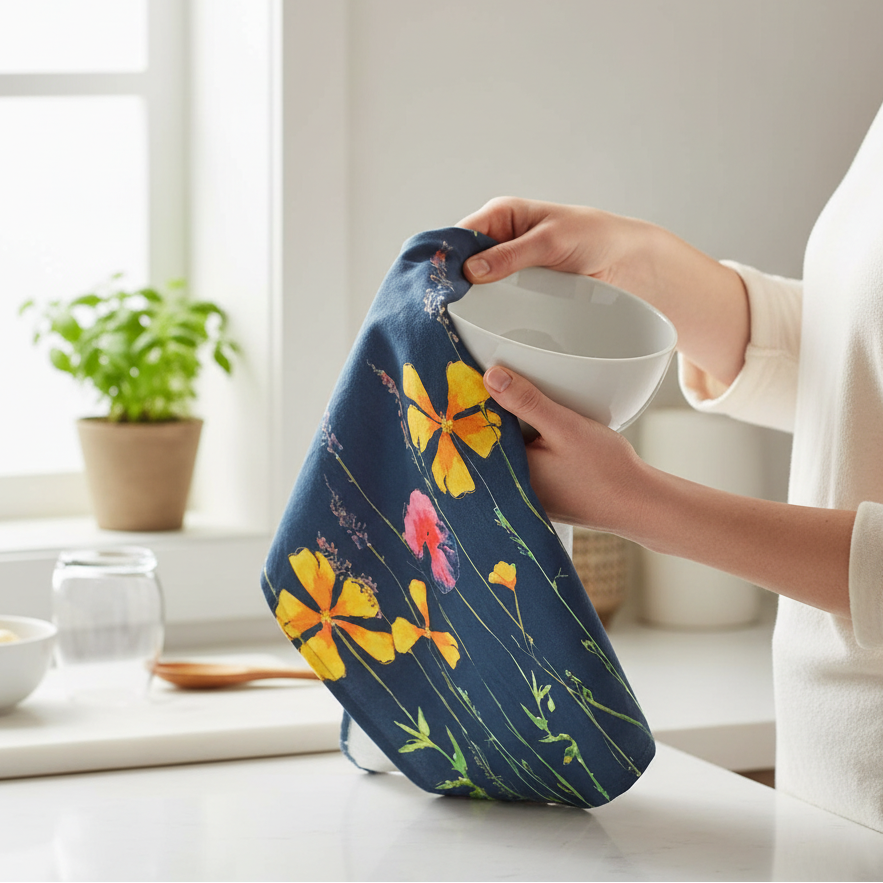 Navy Wildflowers towel being used to dry a dish