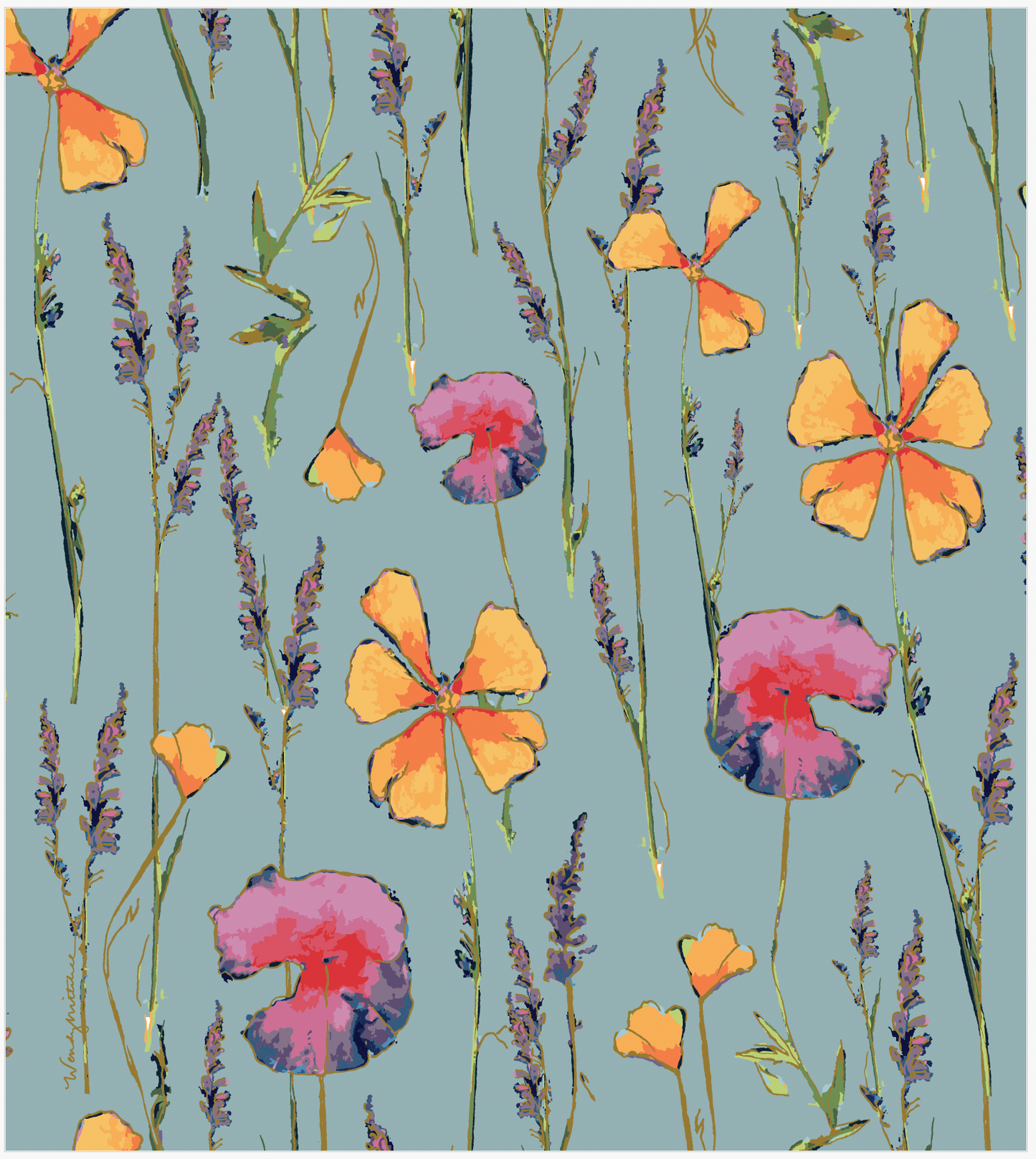 Teal Wildflowers Botanical Swedish Dishcloth