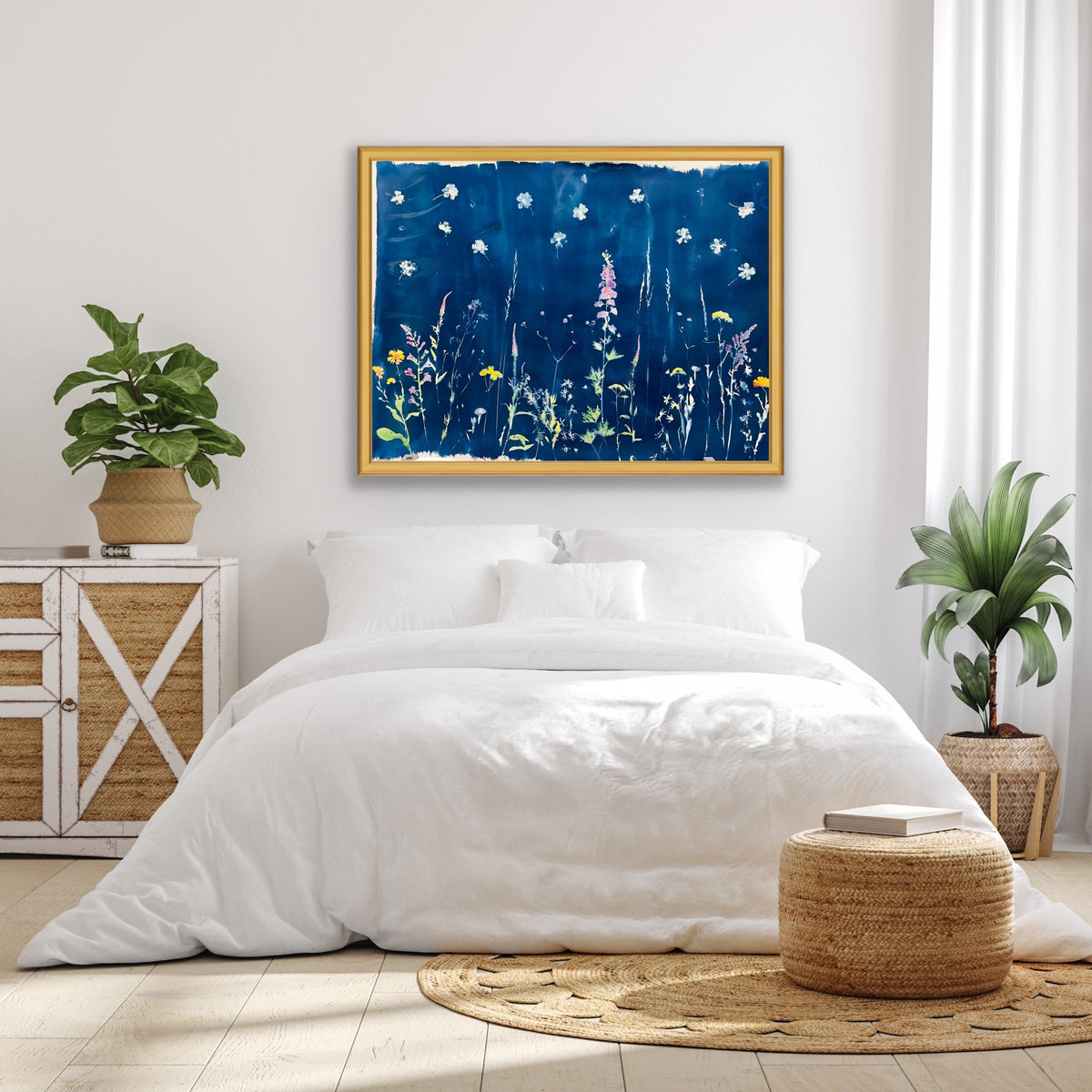 A framed abstract floral painting with a deep blue background and white flower motifs, hung above a neatly made bed in a bright, modern bedroom with white bedding, plants, and a woven pouf.