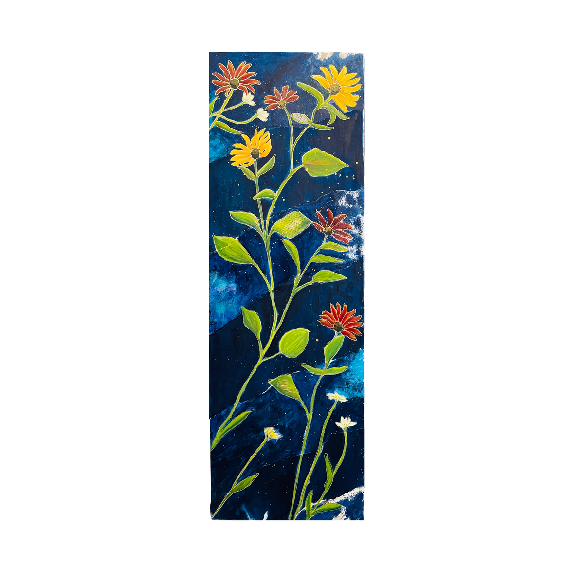 Mixed media botanical with blue background and bright yellow and red painted sunflowers