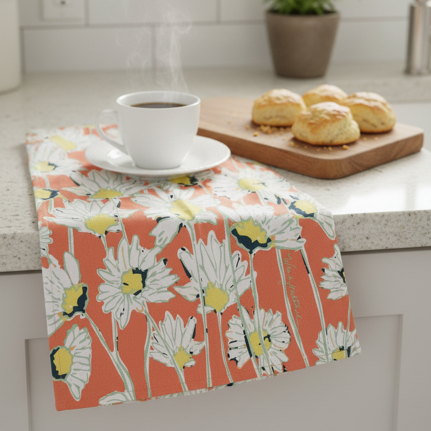 A kitchen towel with a white daisy floral pattern on a coral orange background, draped over a white kitchen cabinet. A white cup of coffee sits on the towel, with a wooden cutting board of scones and a potted plant in the background.