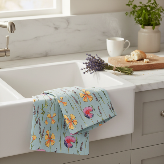 Teal Wildflowers Botanical Flour Sack Tea Towel