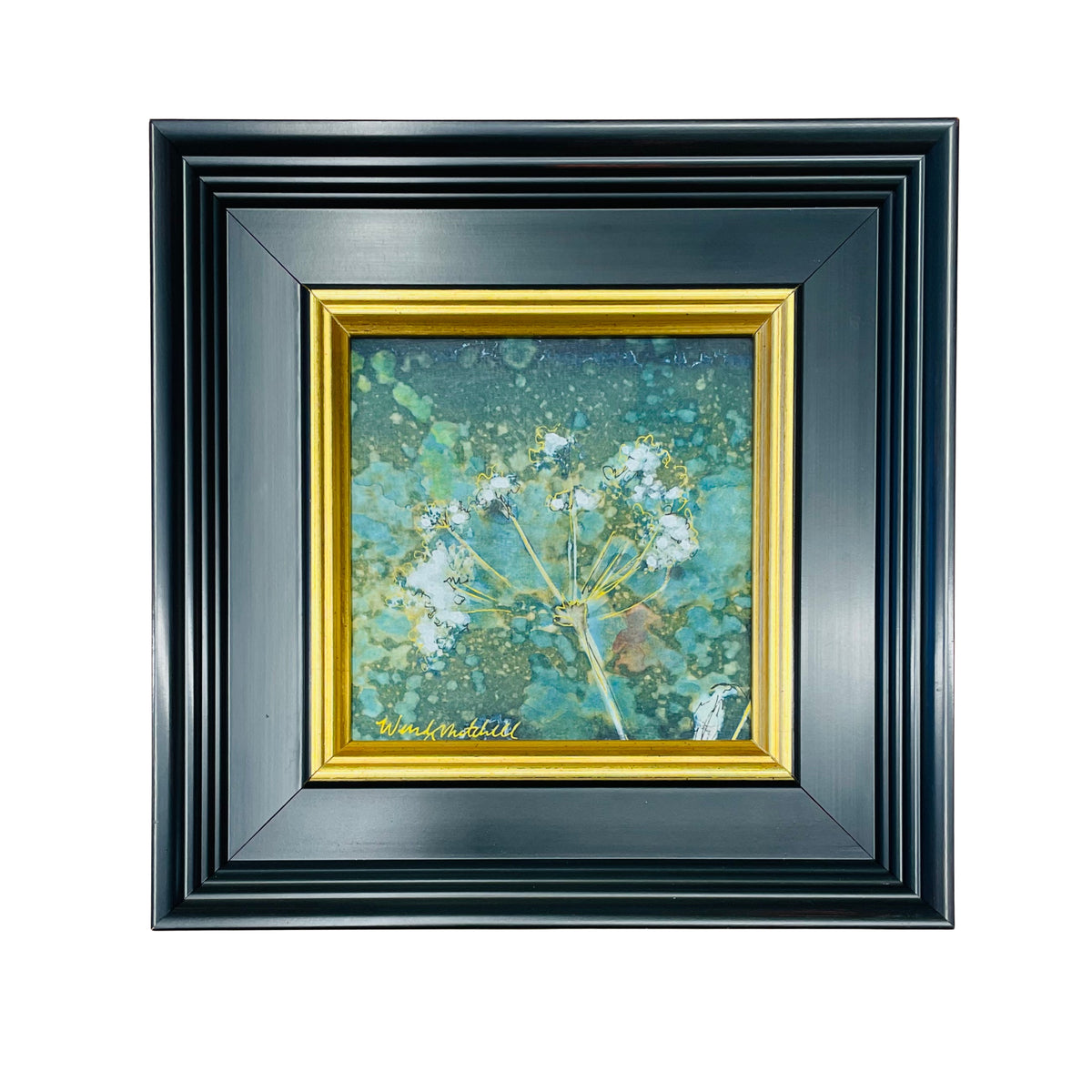 A framed square painting featuring white flowers on a textured teal and green background, set within a wide black frame with a gold inner border, shown against a plain white background.