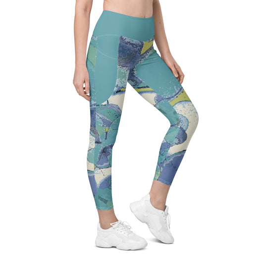Aqua Hydrangeas Leggings with pockets