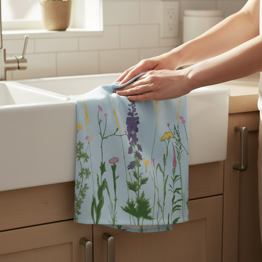 A person in a kitchen hangs a light blue towel draped over a white farmhouse sink. The towel features a colorful botanical pattern of wildflowers and green leaves.